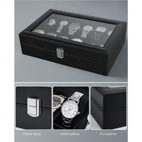 Watch Box Organizer 12 Slot PU Leather Glass Lid Display Case for Jewelry - Picture 5 of 7